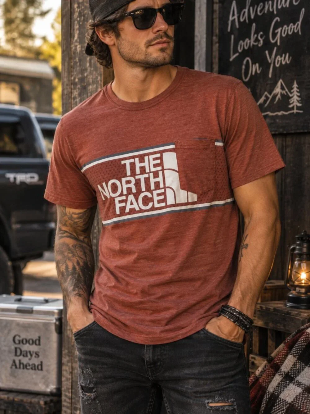 The North Face Men’s Small Red Heather Slim Fit Graphic Pocket Tee